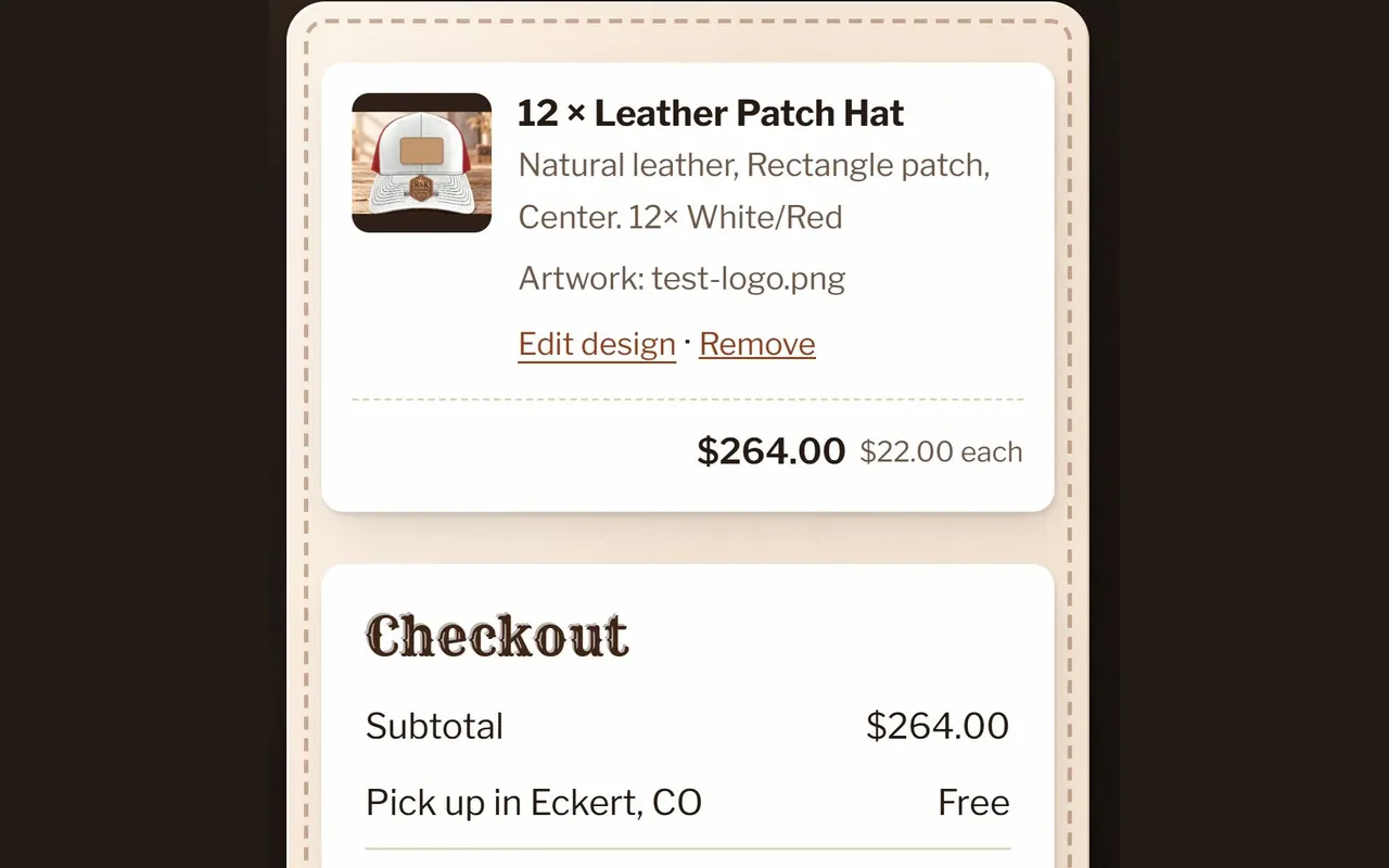 The cart on a phone: 12 Leather Patch Hats in White/Red with Natural leather and a rectangle patch, the uploaded artwork named, Edit design and Remove links, $264.00 at $22.00 each, and free pickup in Eckert, CO.