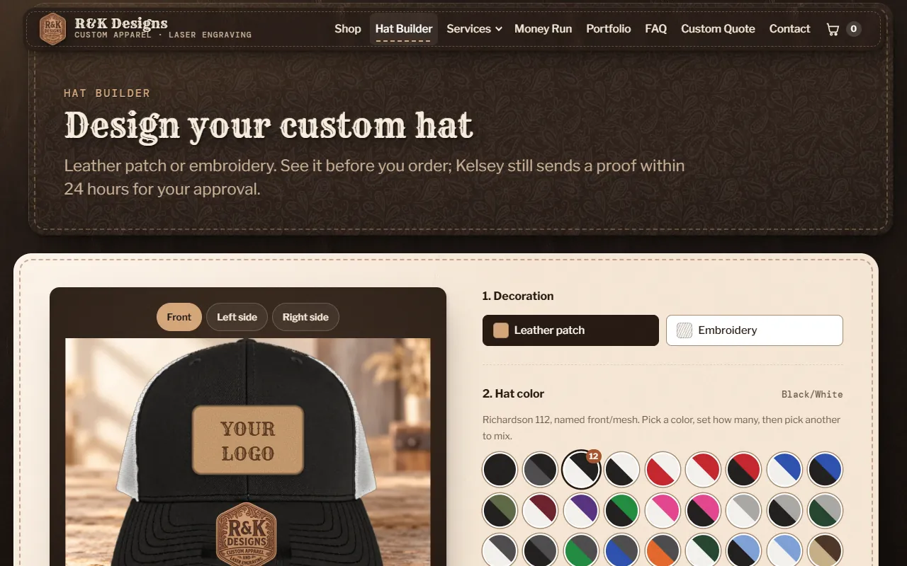 The Hat Builder on a computer: a black and white Richardson 112 with a “Your logo” leather patch and the R&K badge on the bill, Front, Left side and Right side views, and rows of hat color swatches.