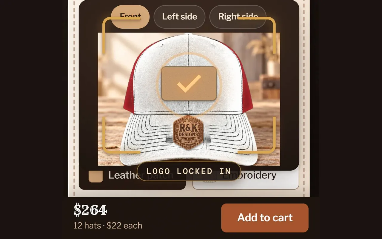 The Hat Builder on a phone after a logo upload: a white and red hat with a check mark on the patch and a “Logo locked in” tag, and a bar at the bottom reading $264, 12 hats at $22 each, Add to cart.
